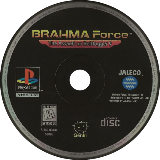 BRAHMA Force: The Assault on Beltlogger 9 PlayStation 1 PS1 for third person shooter retro video game fans featuring mech combat futuristic sci fi battles powerful weapons explosive action mission based gameplay armored vehicles collectible gaming appeal disc