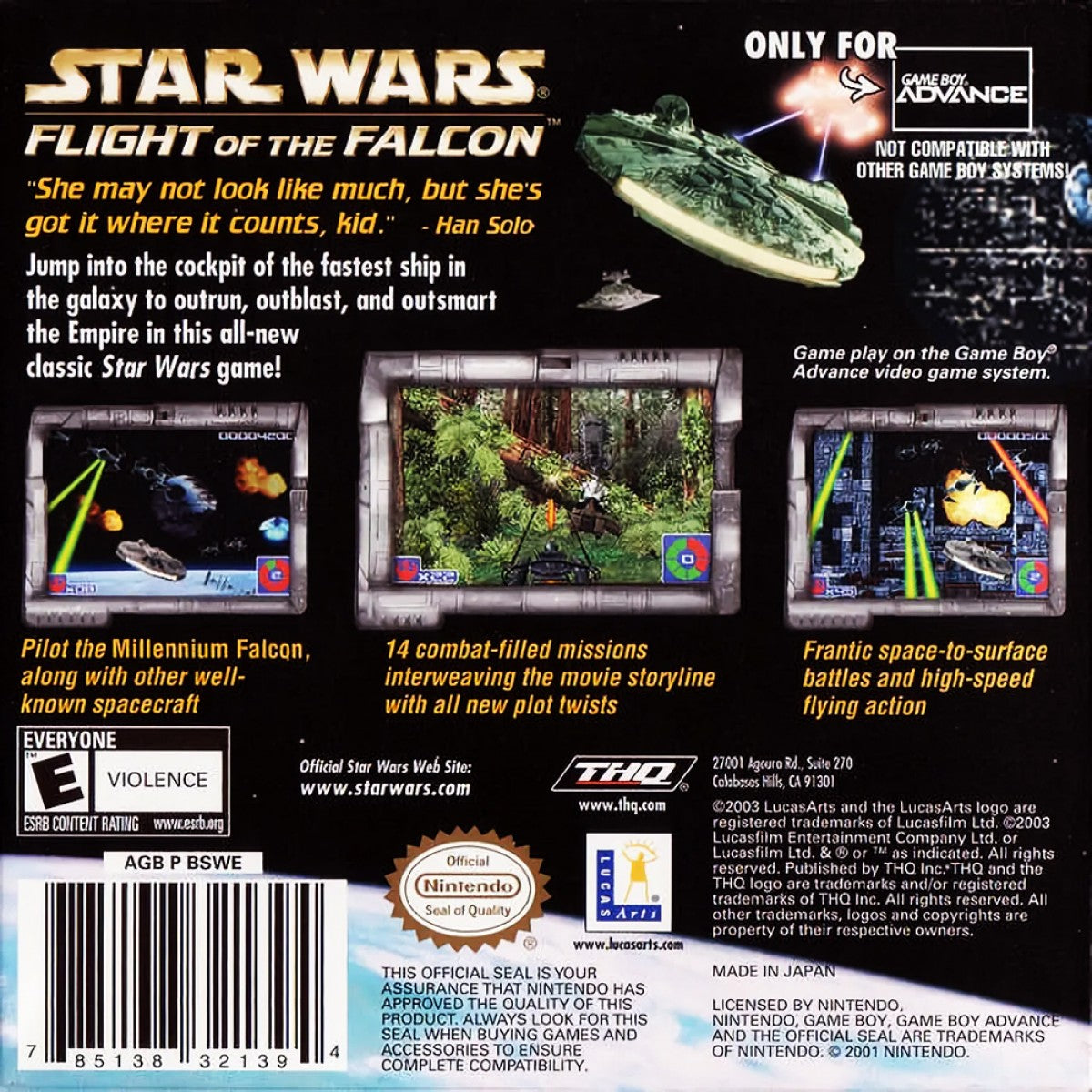 Star Wars: Flight of the Falcon for Game Boy Advance with fast-paced Millennium Falcon space combat action back cover