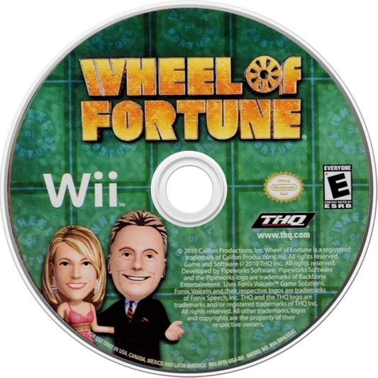 Wheel of Fortune disc art for Nintendo Wii (Wii) featuring the classic TV game show experience with puzzle‑solving, spinning the wheel, and multiplayer competition.