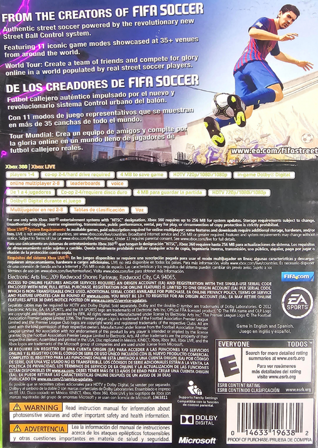 FIFA Street Xbox 360 for sports video game fans featuring arcade style street soccer gameplay fast paced matches trick moves freestyle skills authentic international players multiplayer competition vibrant urban environments and exciting football action collectible gaming appeal back cover art