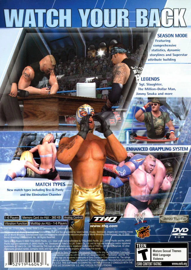 WWE SmackDown Here Comes The Pain back cover art for Playstation 2 (PS2) wrestling video game.