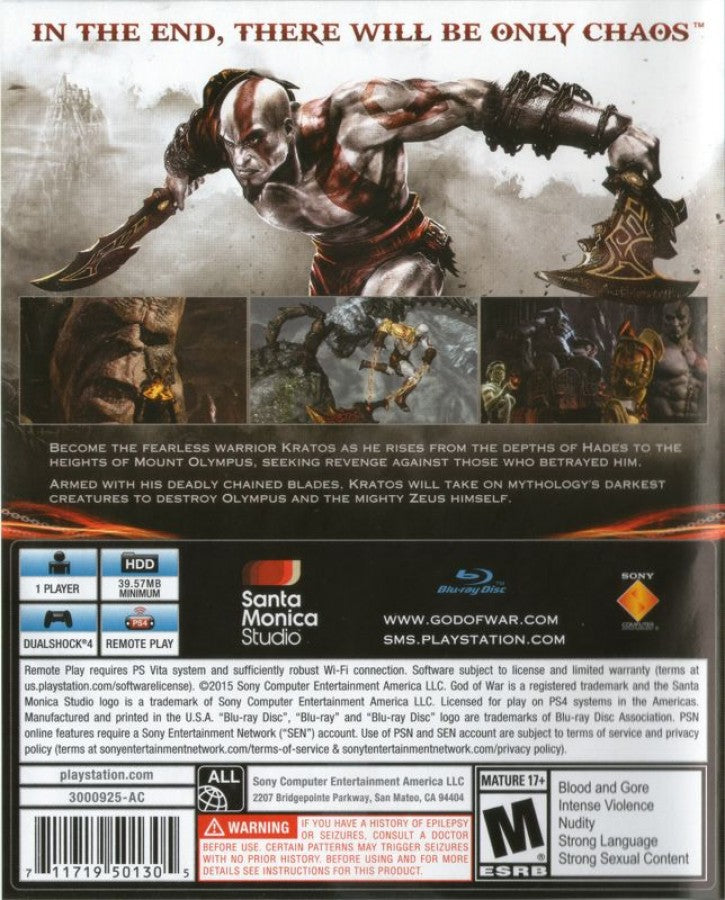 God of War III: Remastered – PlayStation 4 (PS4) video game back of case, mythological action-adventure by Santa Monica Studio and Sony Interactive Entertainment