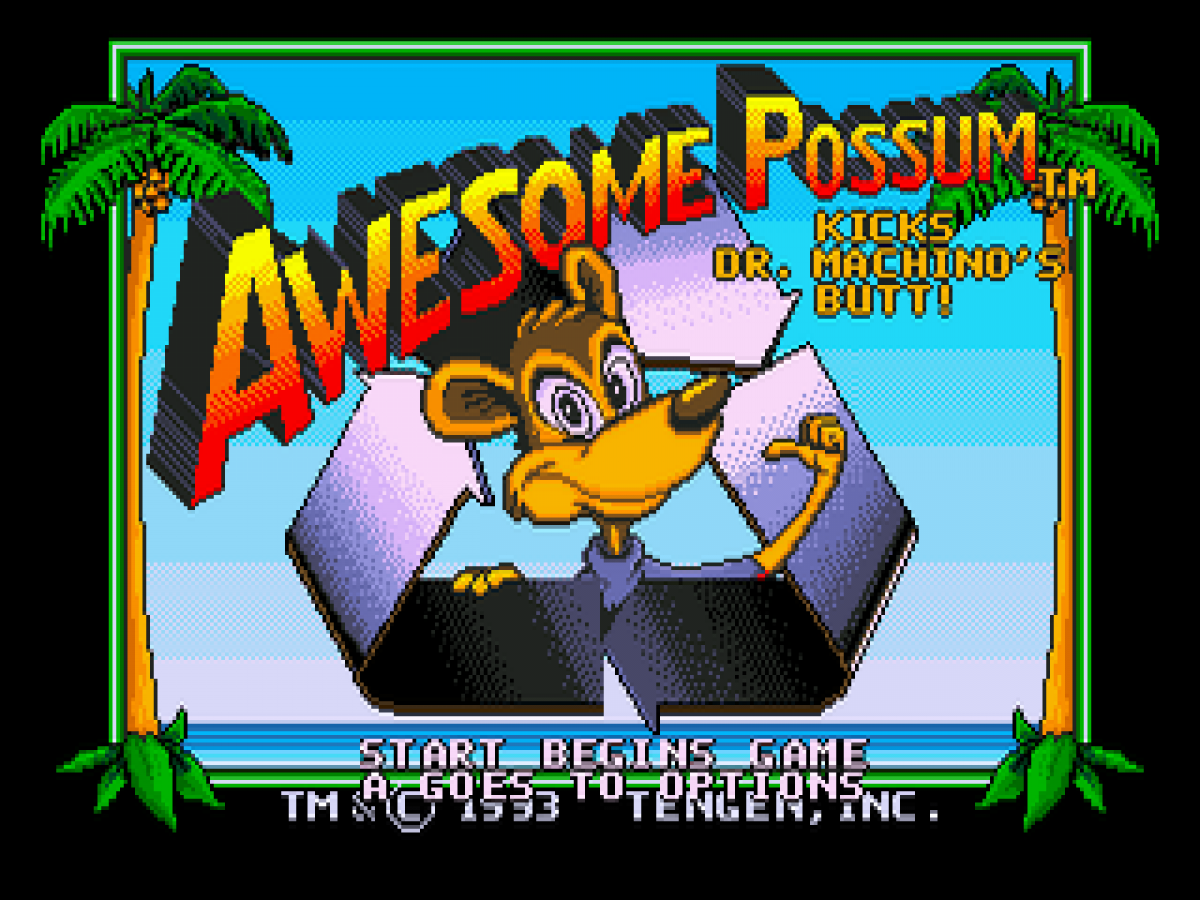 Awesome Possum... Kicks Dr. Machino's Butt title screen for Sega Genesis (GEN) video game