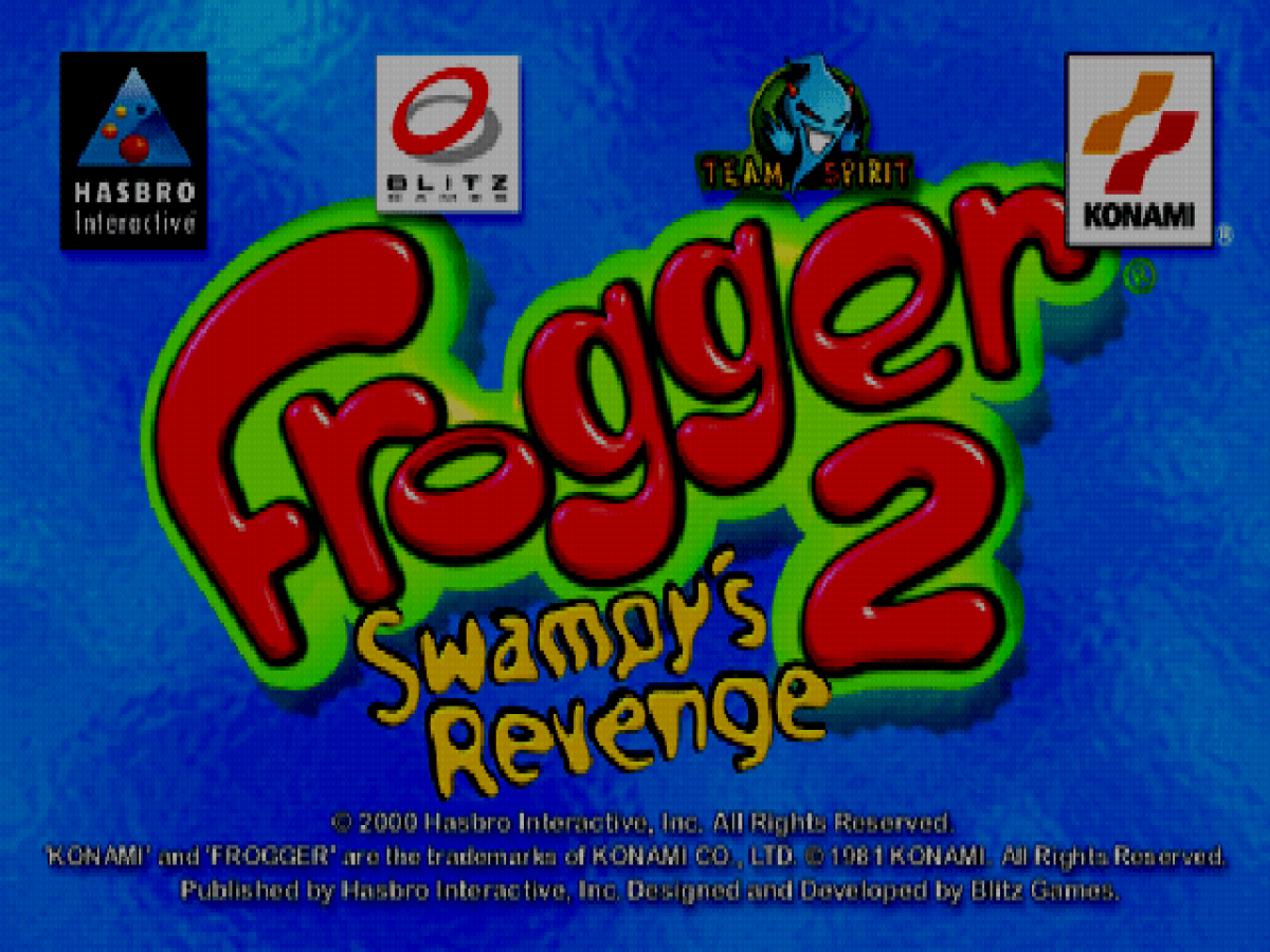 Frogger 2: Swampy's Revenge title card for PlayStation 1 (PS1) retro video game