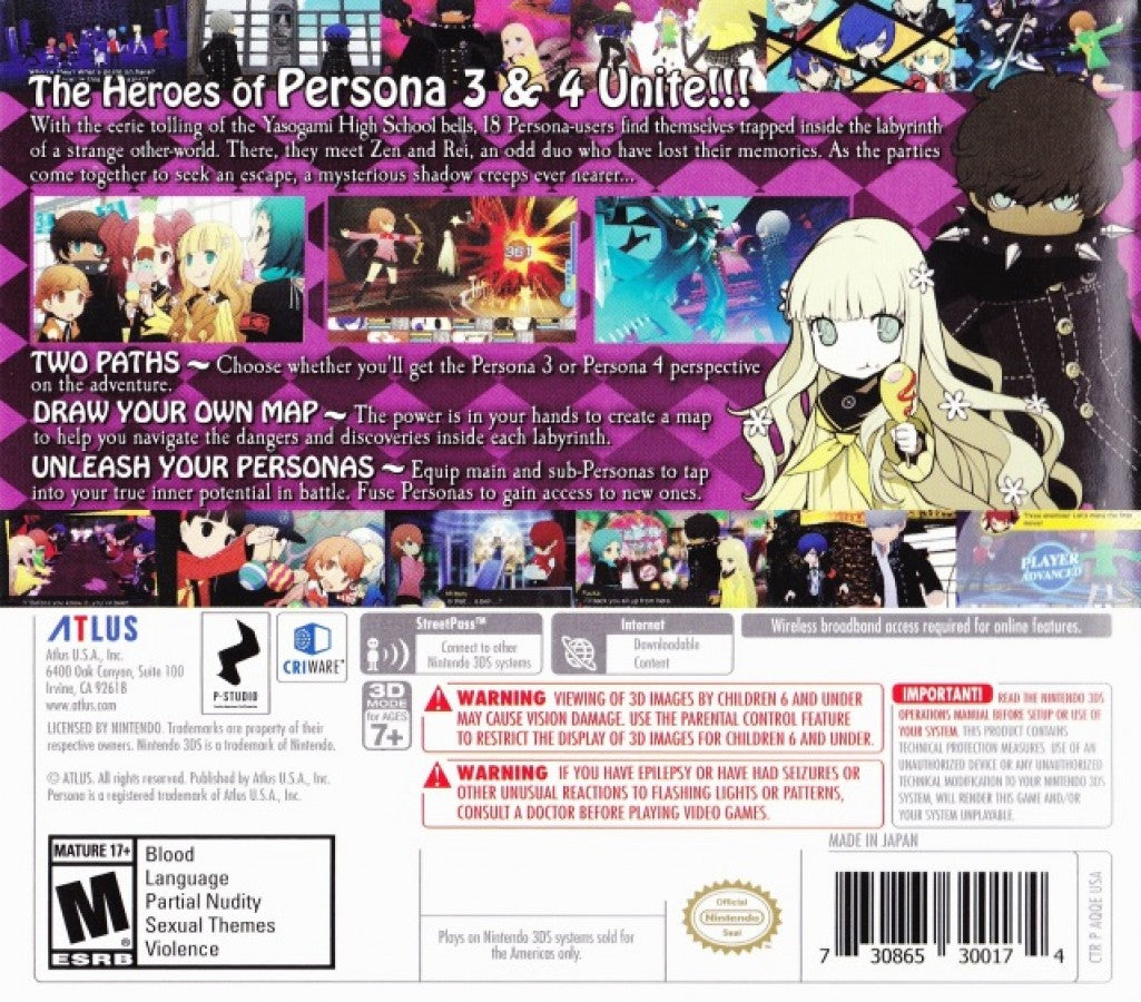Persona Q: Shadow of the Labyrinth back of case for Nintendo 3DS (3DS) dungeon crawler role-playing video game