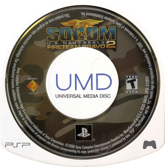 SOCOM U.S. Navy SEALs Fireteam Bravo 2 PlayStation Portable PSP video game, tactical shooter, squad-based military action, handheld console title game cartridge UMD