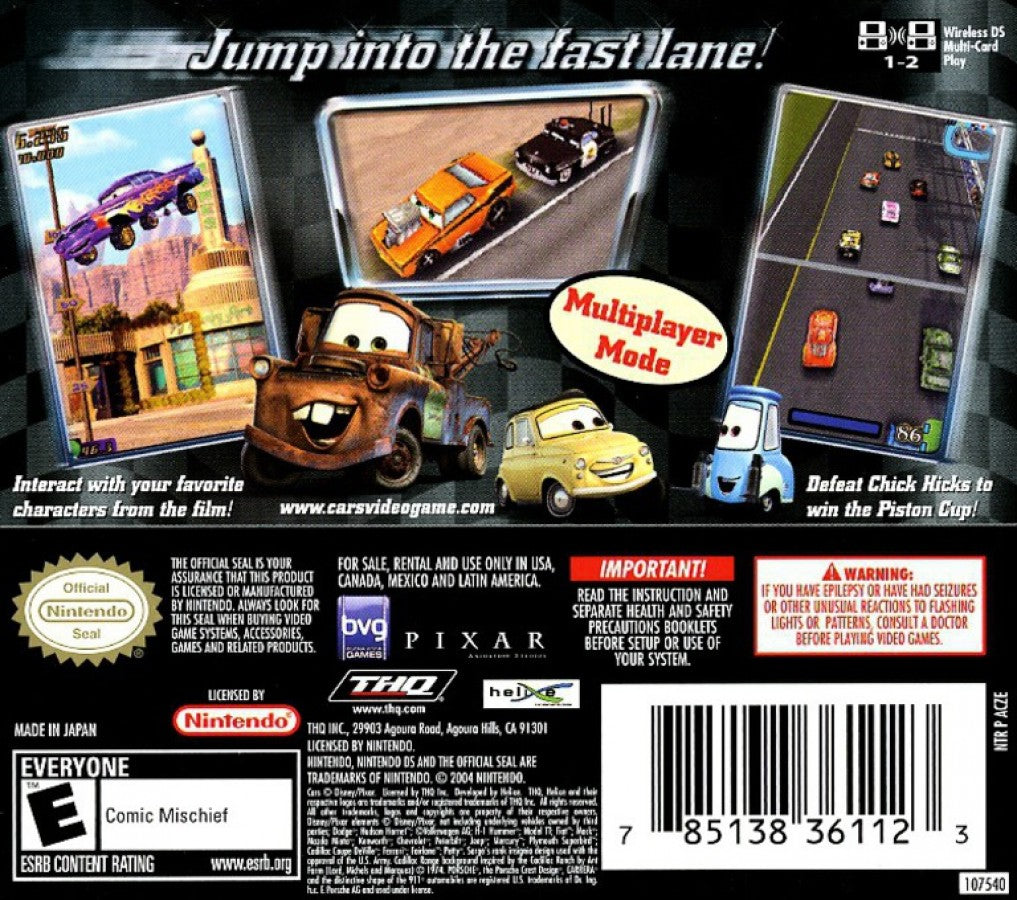 Disney Pixar Cars back of case for Nintendo DS (DS) racing adventure video game