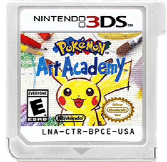 Pokémon Art Academy game card for Nintendo 3DS with Pikachu and drawing tools.