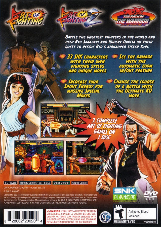 Art of Fighting Anthology PS2 game for PlayStation 2 featuring classic SNK fighting collection back cover art