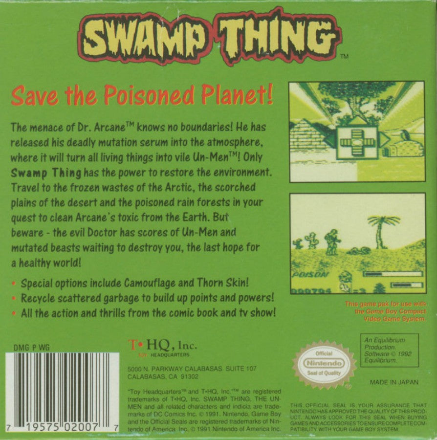 Swamp Thing for Game Boy, back of case for a side-scrolling action platformer video game with swamp-themed levels, enemy combat, obstacle navigation, and comic-inspired gameplay