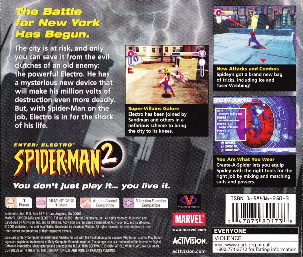 Spider-Man 2 retro superhero action adventure game for PlayStation 1 (PS1) back of case