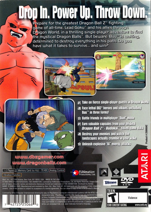 Dragon Ball Z: Budokai 2 back of case for PlayStation 2 (PS2) anime-based 3D fighting video game