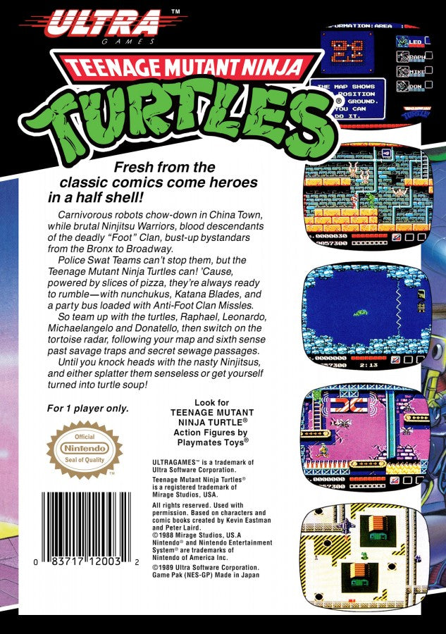 Teenage Mutant Ninja Turtles cartridge for the Nintendo Entertainment System featuring retro 8 bit side scrolling action as Leonardo Donatello Michelangelo and Raphael battle Shredder and the Foot Clan across New York City back cover