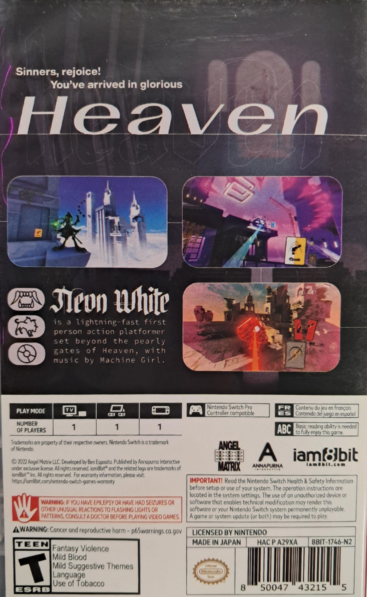 Neon White Nintendo Switch inspired design featuring fast paced first person action platformer aesthetic speedrunning challenges stylish card based abilities heavenly urban environments precision movement competitive gameplay and anime inspired storytelling presentation back cover