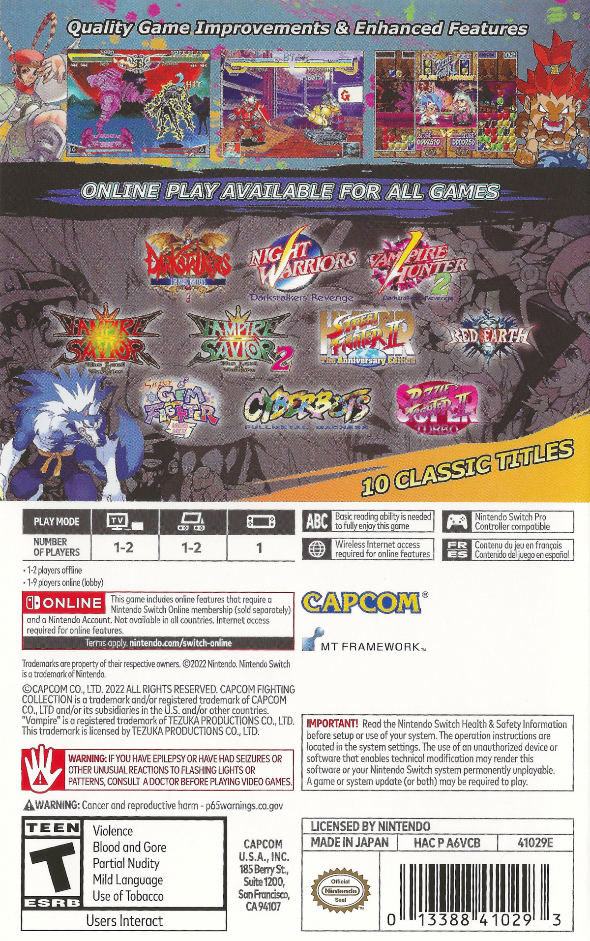 Capcom Fighting Collection Nintendo Switch NS for fighting game fans featuring classic Capcom arcade fighters competitive battles iconic characters special moves multiple game titles online multiplayer training modes arcade gameplay and retro fighting action collectible gaming appeal back cover art