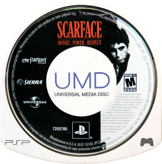 Scarface: Money. Power. Respect disc for PlayStation Portable (PSP) action-adventure game