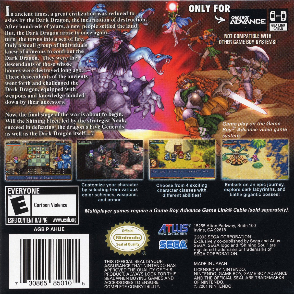 Shining Soul cartridge for the Game Boy Advance featuring action RPG gameplay with real time combat dungeon exploration character classes and multiplayer co op in a fantasy setting back cover art