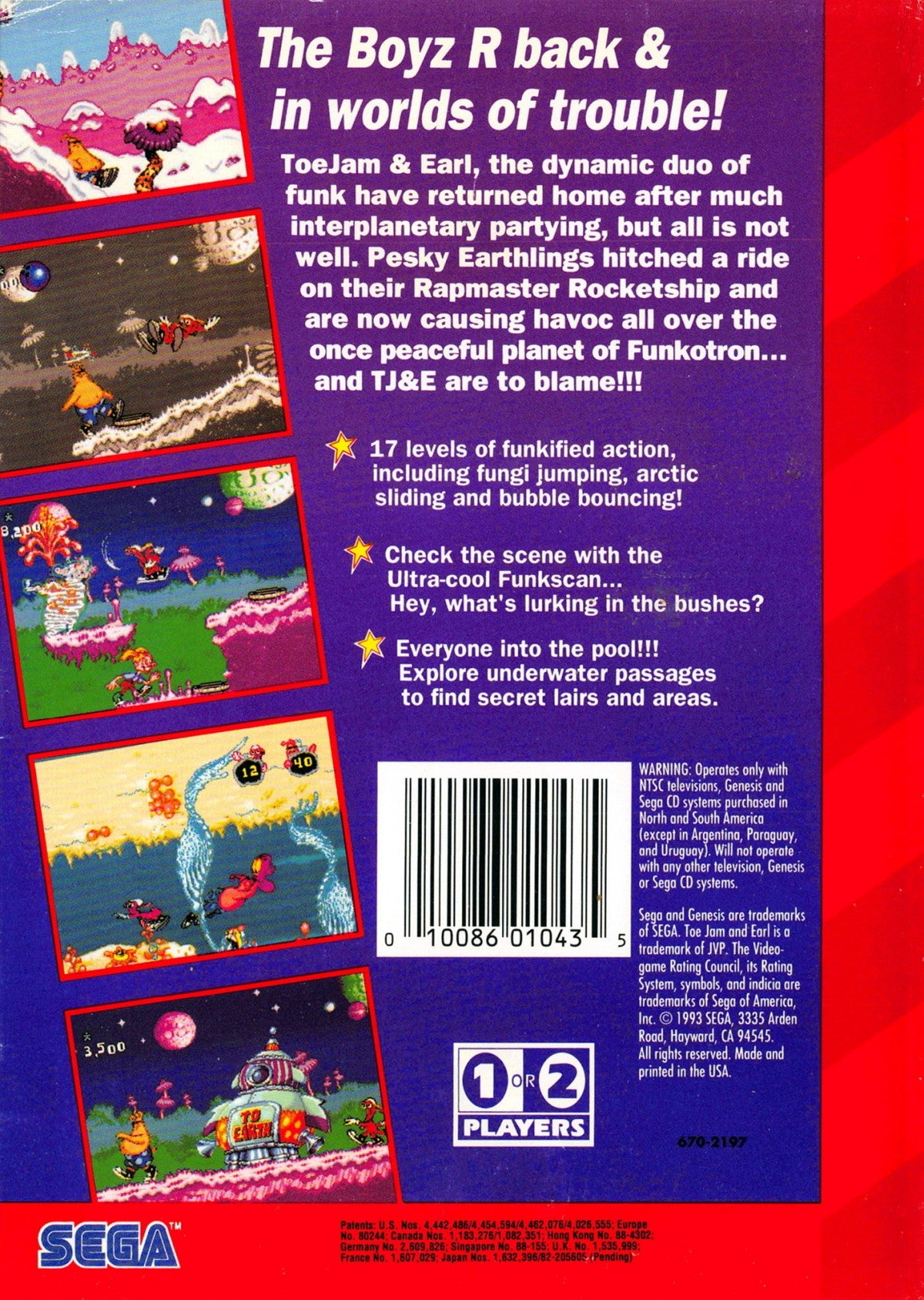 ToeJam and Earl in Panic on Funkotron Sega Genesis retro video game platformer back of case (1993)