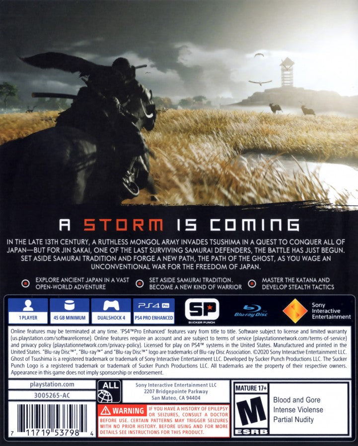 Ghost of Tsushima back cover art for PlayStation 4 (PS4) video game