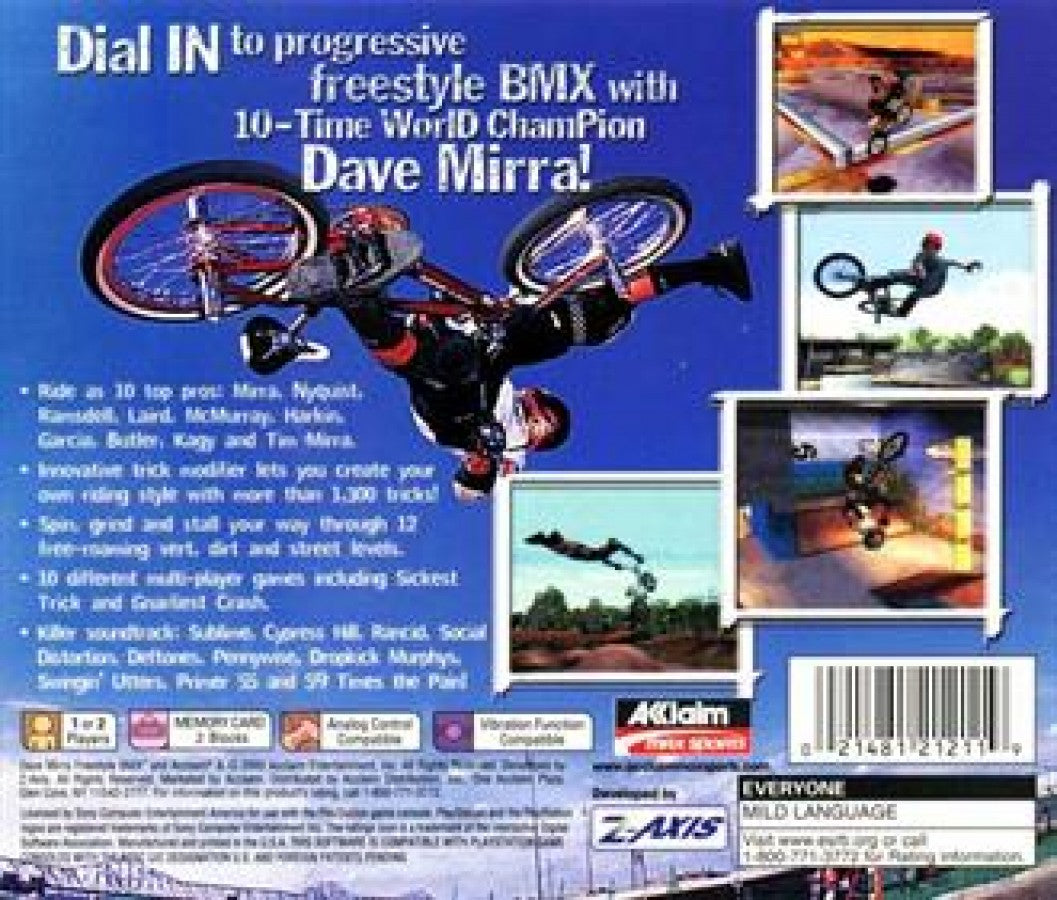 Dave Mirra: Freestyle BMX back of case for PlayStation 1 (PS1) retro bmx video game