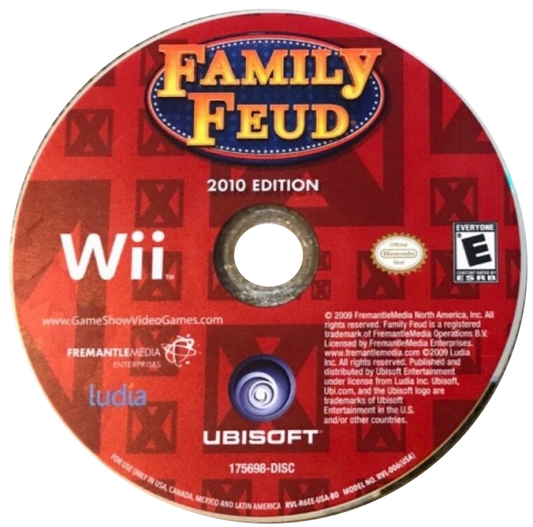 Family Feud 2010 Edition Wii video game featuring interactive party trivia gameplay based on the classic Family Feud, customizable contestant play local multiplayer buzzing in survey questions and casual family friendly competition designed for Nintendo Wii motion controls. disc