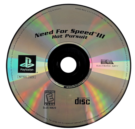Need for Speed III Hot Pursuit Greatest Hits for PlayStation 1, disc image for an arcade racing game with exotic cars, high-speed police chases, competitive driving, and classic street racing gameplay