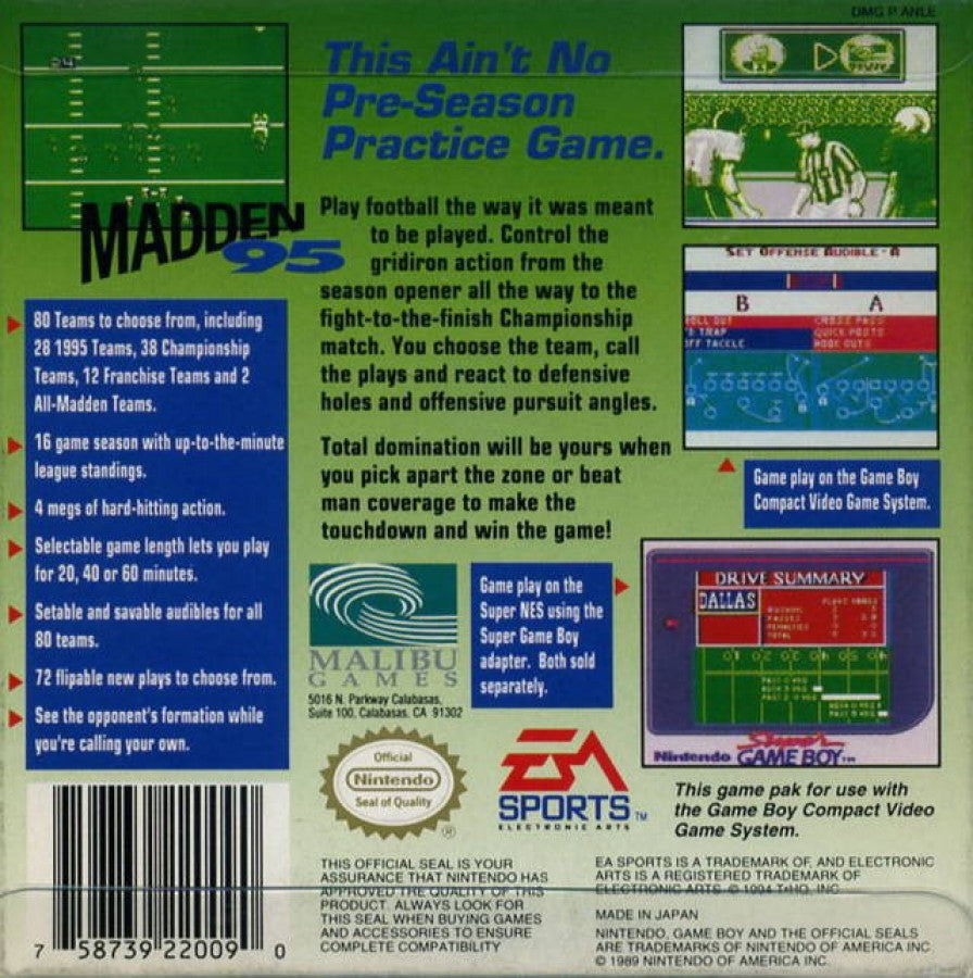 Madden NFL 95 back cover art for Game Boy (GB) video game