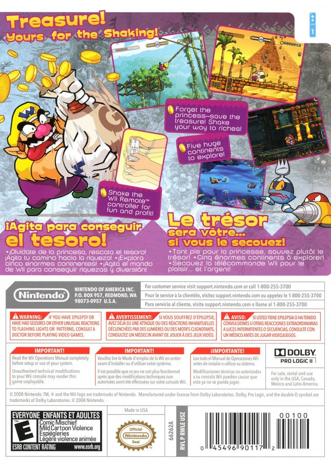 Wario Land: Shake It back cover art for Nintendo Wii (Wii) featuring side‑scrolling platform action with hand‑drawn animation, treasure hunting, and motion‑controlled shaking mechanics.