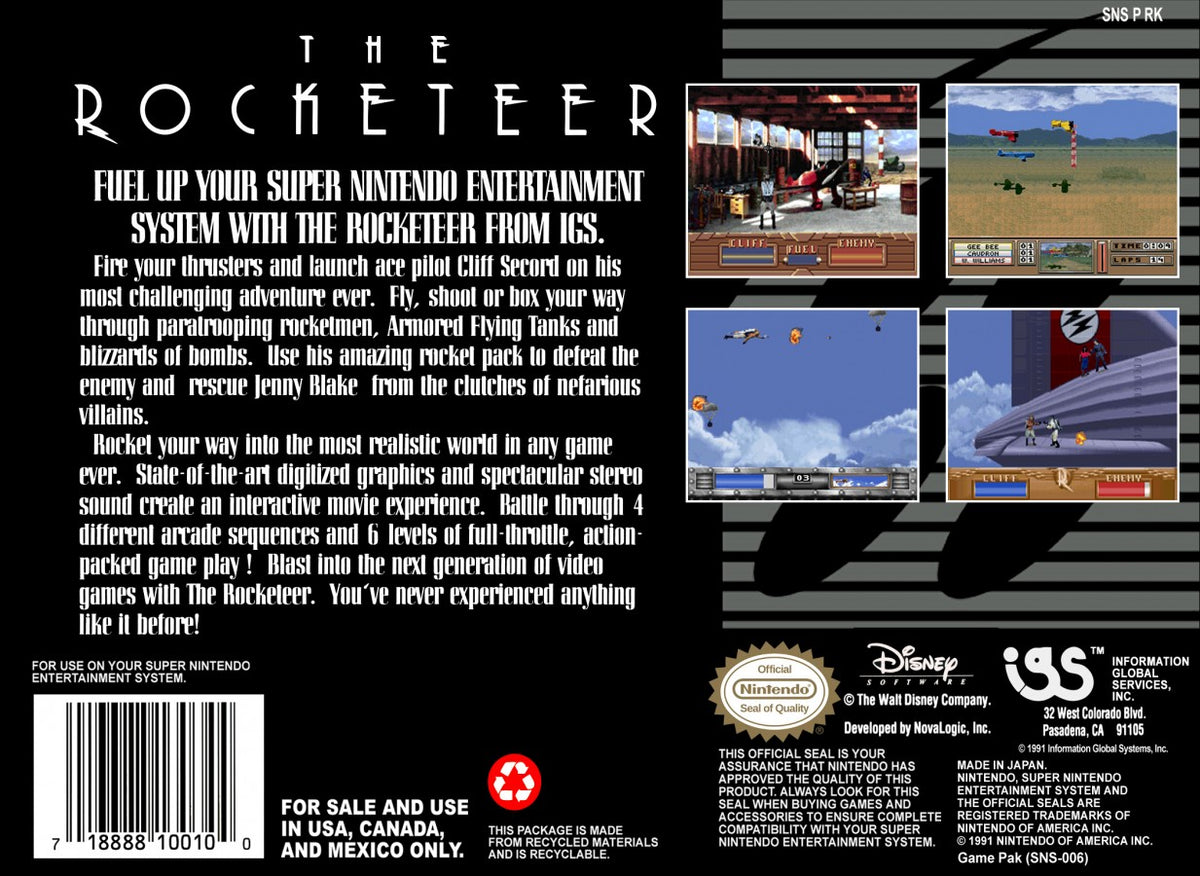 The Rocketeer Super Nintendo Entertainment System SNES retro video game action adventure featuring jetpack flight aerial combat enemy battles platforming gameplay classic 16 bit graphics based on The Rocketeer Super Nintendo gaming experience retro game collection appeal back cover art