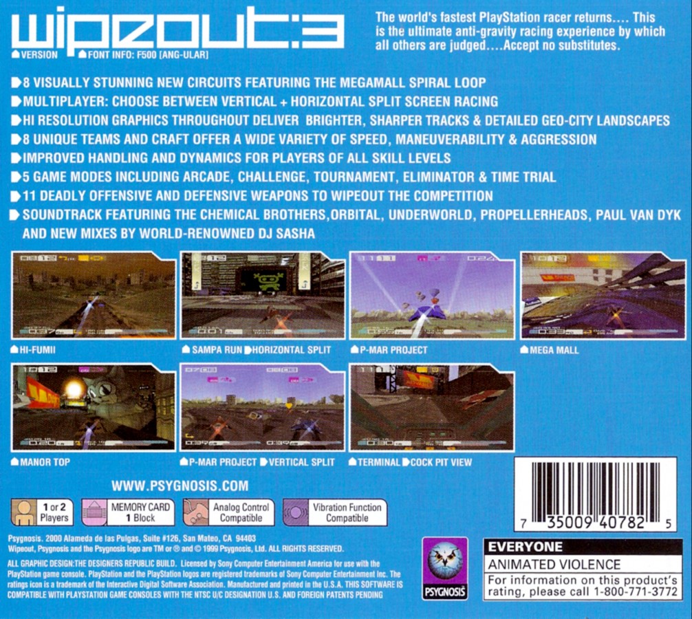 Retro Wipeout 3 PS1 inspired design featuring futuristic anti gravity racing aesthetic vintage PlayStation sci fi speed combat sleek hovercraft electronic music driven visuals iconic Psygnosis racing game nostalgia back cover art