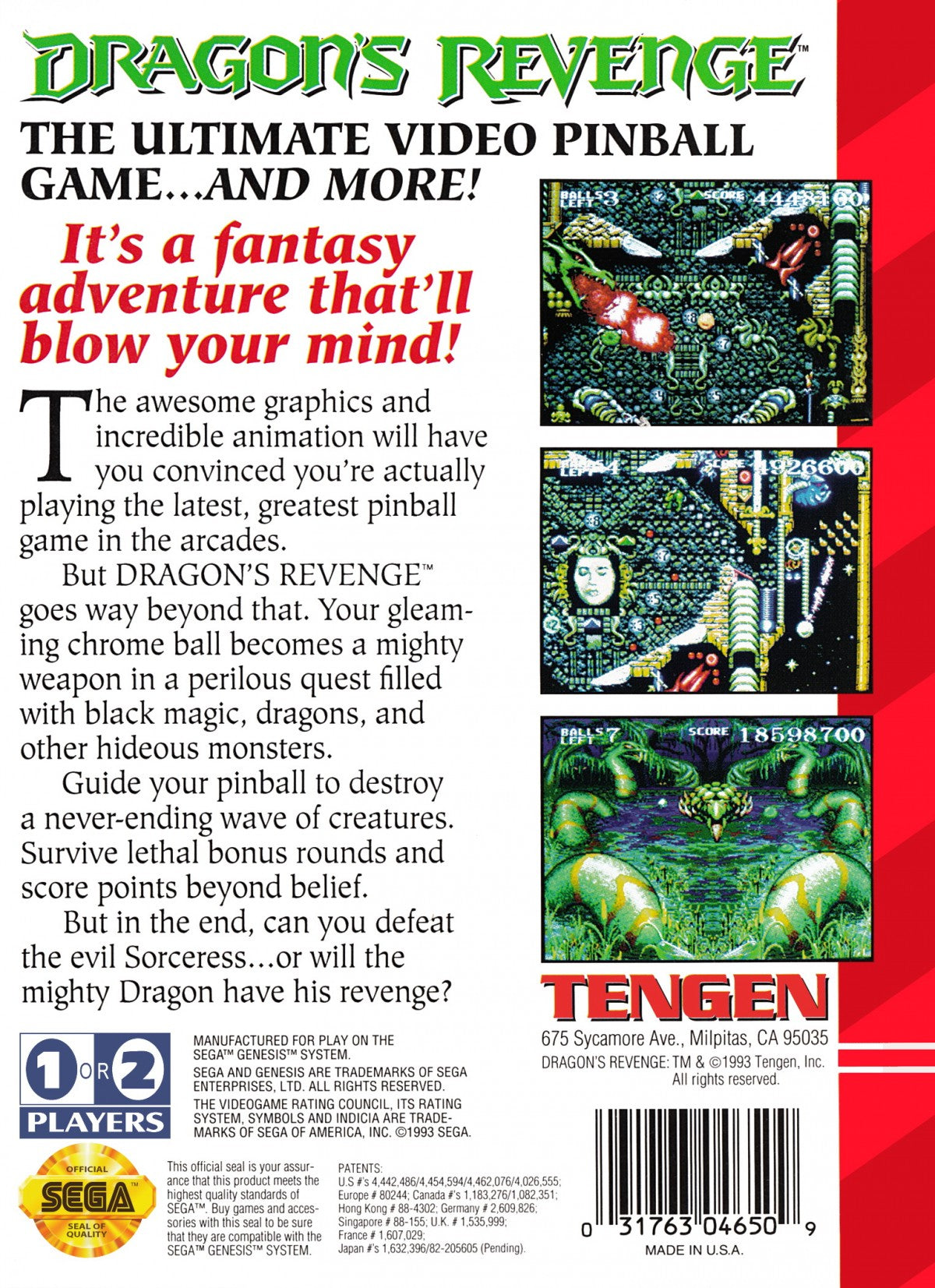Dragons Revenge retro Sega Genesis video game featuring fantasy pinball gameplay, arcade style action, monster themed tables and classic Genesis entertainment - back of case