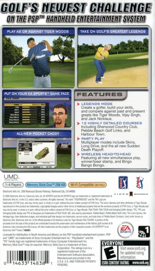 Tiger Woods PGA Tour back cover PlayStation Portable video game.