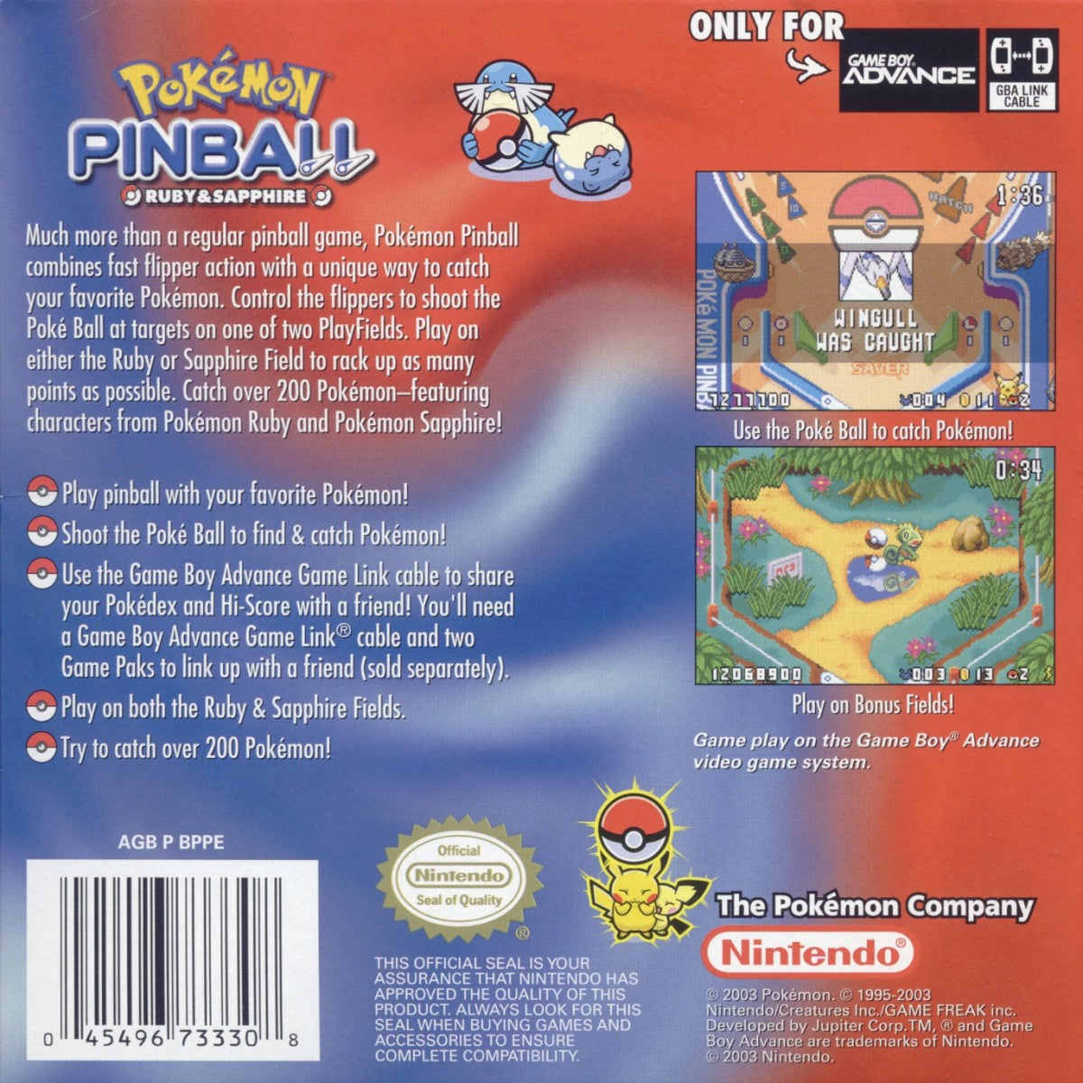 Pokémon Pinball Ruby and Sapphire for Game Boy Advance pinball arcade game featuring Pokémon catching mechanics Ruby and Sapphire themed tables rumble gameplay collectible Pokémon gameplay back cover