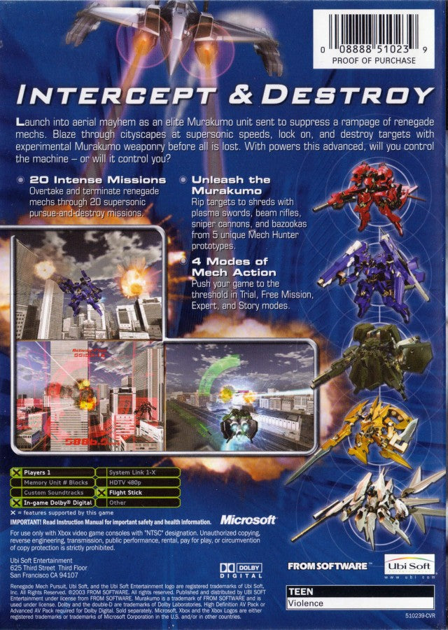 Murakumo: Renegade Mech Pursuit retro Xbox video game Murakumo Renegade Mech Pursuit mech combat aerial dogfighting sci fi action shooter mission based gameplay futuristic combat console title Xbox release back of case
