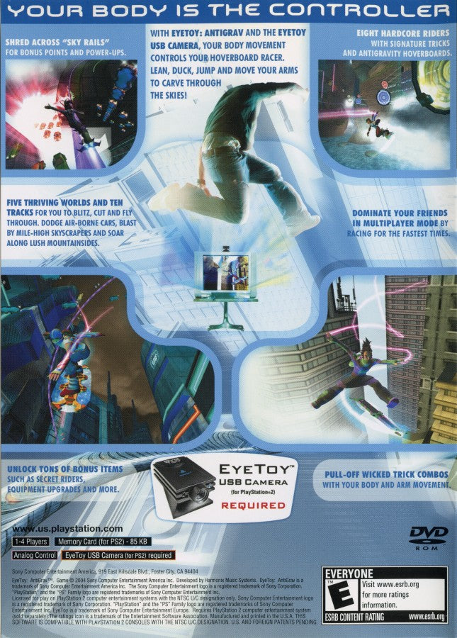 EyeToy: AntiGrav back of case for PlayStation 2 (PS2) motion-controlled futuristic hover-racing action video game