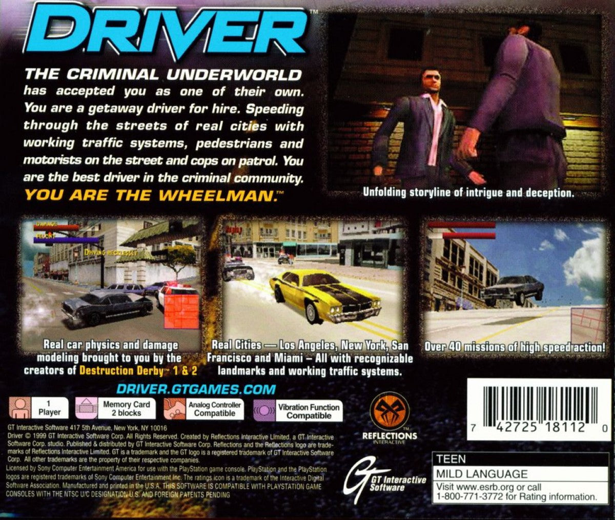 Driver: You are the Wheelman back cover for PlayStation 1 (PS1) racing video game.