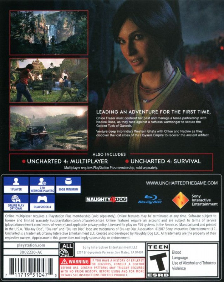 Uncharted: The Lost Legacy – PlayStation 4 (PS4) video game back of case, action-adventure exploration game.