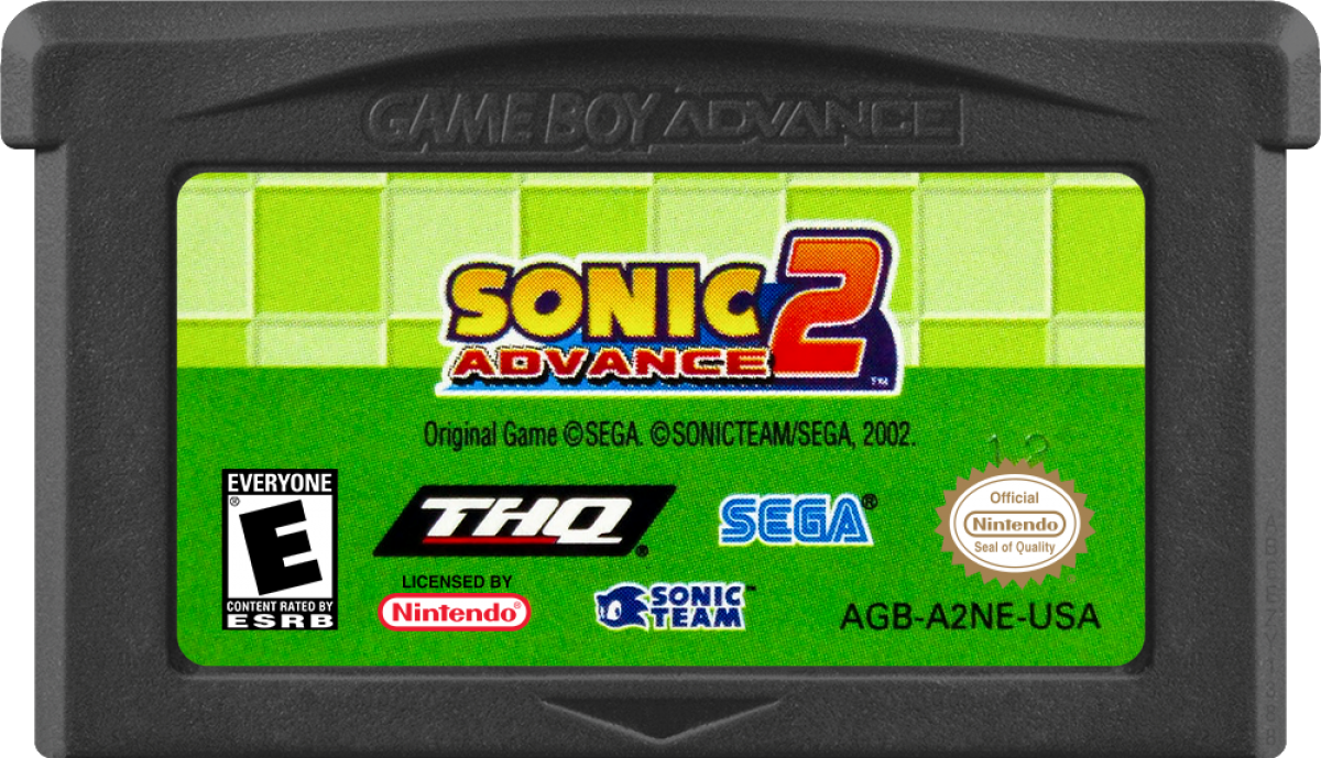 Game cartridge for 'Sonic Advance 2' on Game Boy Advance with branding and logos.