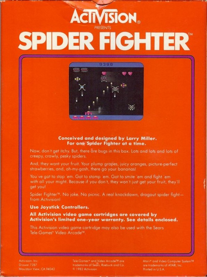 Spider Fighter retro Atari 2600 video game featuring space shooter action, alien spider combat, arcade gameplay and classic Atari console adventure gameplay - back of case