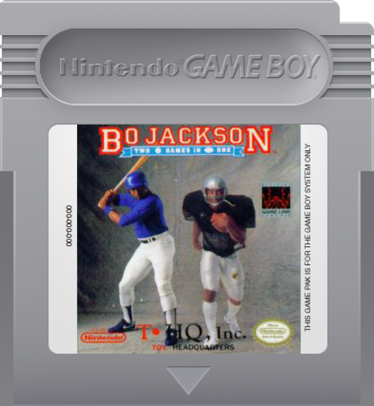 Bo Jackson Two Games in One Nintendo Game Boy (GB) cartridge for retro video game enthusiasts featuring multi sport action gameplay baseball football and track and field challenges fast paced arcade style sports mechanics athletic competition as Bo Jackson iconic athlete crossover gameplay portable handheld gaming experience and collectible gaming appeal