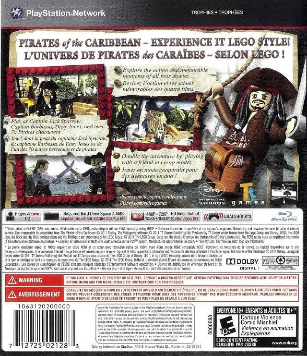 LEGO Pirates of the Caribbean for PlayStation 3 family friendly action adventure video game featuring cooperative gameplay humorous LEGO style storytelling iconic Disney pirate characters and classic film inspired levels back cover art