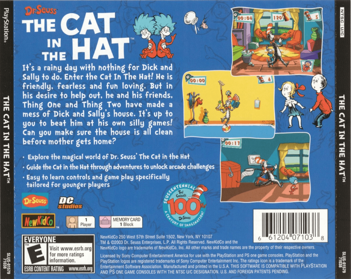 The Cat in the Hat back of case for PlayStation 1 (PS1) family platformer video game
