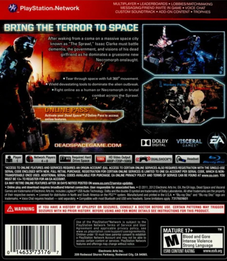 Dead Space 2 Greatest Hits PlayStation 3 PS3 survival horror action video game featuring Isaac Clarke intense sci-fi horror combat terrifying Necromorph enemies space station exploration powerful weapons strategic dismemberment challenging missions atmospheric environments and classic PlayStation 3 PS3 gameplay collectible gaming appeal back cover art