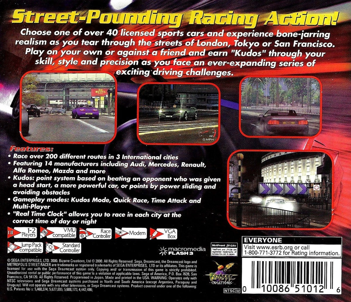 Metropolis Street Racer game for the Sega Dreamcast featuring arcade style street racing gameplay with real world inspired cities time based challenges vehicle tuning and a kudos scoring system emphasizing stylish driving and precision racing back cover art