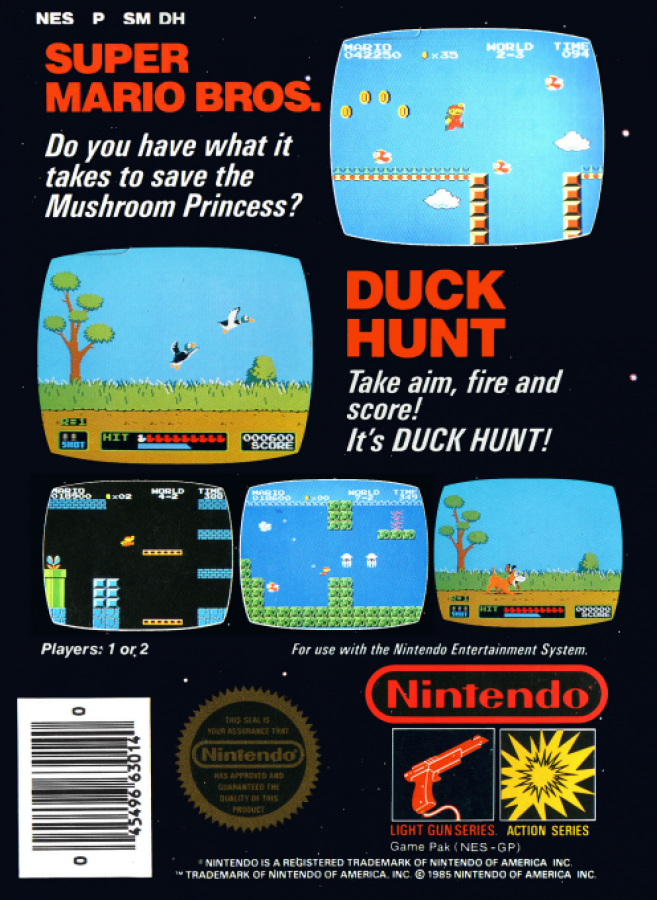 Super Mario Bros Duck Hunt game for the Nintendo Entertainment System featuring a combo cartridge with side scrolling platformer gameplay in Super Mario Bros and light gun shooting gameplay in Duck Hunt with classic arcade style mechanics and two player options back cover art