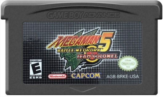 Mega Man Battle Network 5: Team Colonel cartridge cover art for Nintendo Game Boy Advance (GBA) adventure-strategy video game.