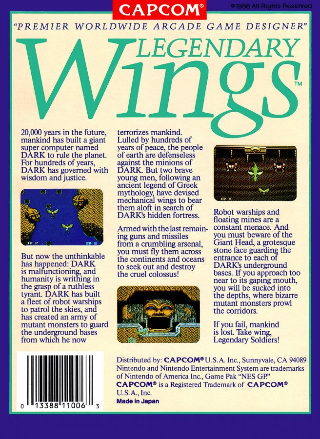 Legendary Wings Nintendo Entertainment System NES video game featuring side scrolling shoot em up gameplay winged hero action aerial combat enemy waves power ups boss battles fantasy environments and classic 8 bit arcade action retro video game collection collectible gaming appeal back cover art