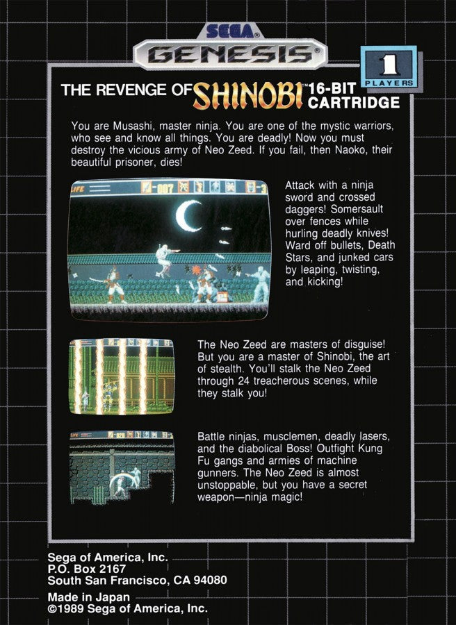 The Revenge of Shinobi back cover art for Sega Genesis GEN video game