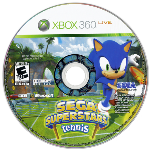 Sega Superstars Tennis and Xbox Live Arcade Xbox 360 inspired design featuring arcade sports and classic gaming collection aesthetic iconic Sega characters colorful tennis competition downloadable arcade favorites fast paced multiplayer action family friendly entertainment nostalgic HD era presentation disc 1
