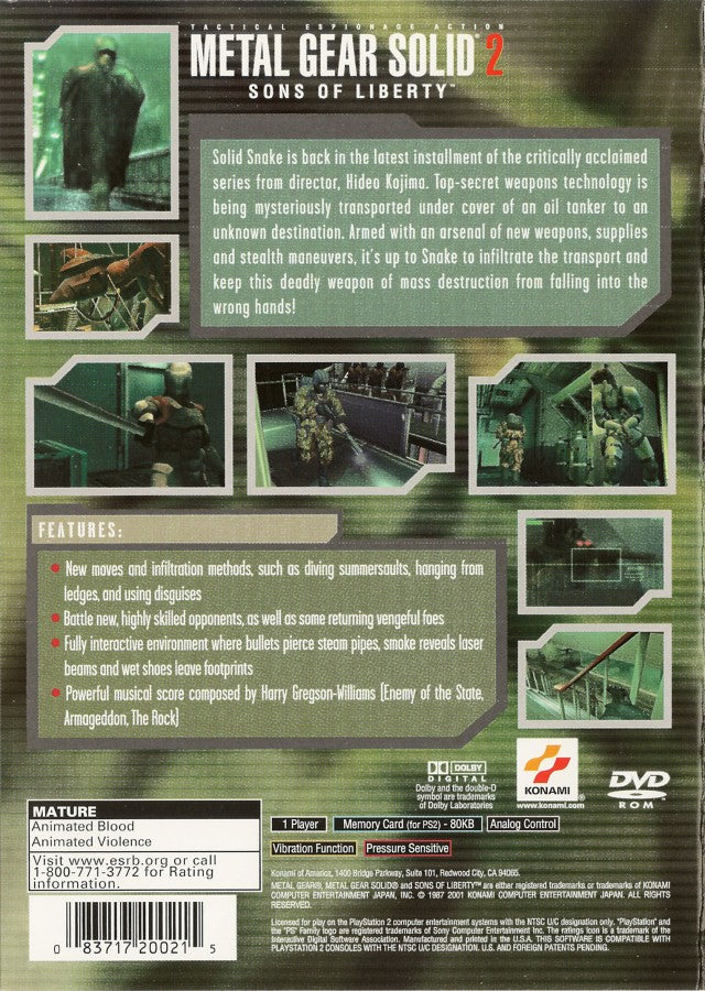 Metal Gear Solid 2: Sons of Liberty PlayStation 2 (PS2) back cover art featuring stealth action gameplay with Solid Snake and Raiden in a cinematic espionage adventure.